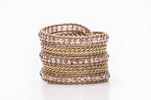 EA Light Crystals with Gold Vermeil on 5 Layer Gold Leather Wrap Bracelet