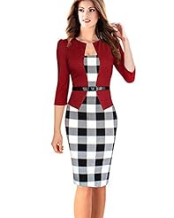 Scoop Neck Elbow Length Sleeves Polyester Belted Plaid Print Bodycon Dress/Party Dress/Midi Dress 