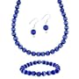 Sterling Silver 8mm Dark Blue Glass Cats Eye Stone Bead Beaded Dangle Hook Earrings Stretch Bracelet Necklace 15-19" Jewelry Set