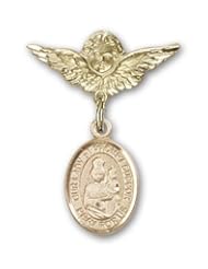 Gold Filled Baby Badge with Our Lady of Prompt Succor Charm and Angel with Wings Badge Pin