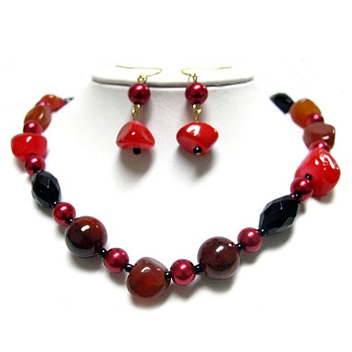 Red Mixed Stone and Glass Beads Necklace and Earrings Set Fashion Jewelry
