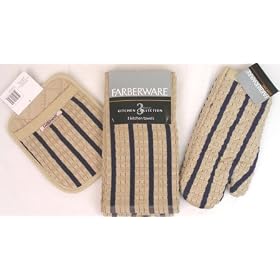 Farberware Tan  Navy Stripe Dish Towel 3PC by Bed and Bath