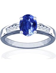 14K White Gold Oval Cut Blue Sapphire Ring With Sidestones
