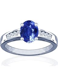 18K White Gold Oval Cut Blue Sapphire Ring With Sidestones