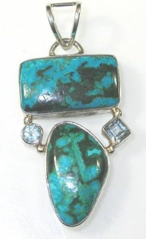 Topaz and Malachite in Chrysocolla Silver Pendant