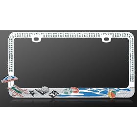 Buy License Plate Frame - Metal Bling - Sandy Beach Ocean Fun - Blue Water Crystals now!