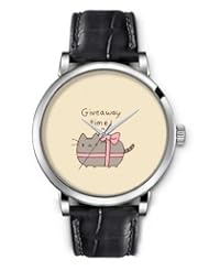 SPRAWL Aanalog Fashion Series Silver Ladies Watches of Genuine Black Leather Strap,Unique Wrist Watch for Women Girls Designed with Cute gray kitten