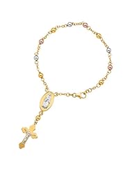 14K Yellow Gold 7.0" Polish 3 Tone Cable Chain And Bead With Pear Shape Clasp And Cross With Figurine Symbolic Bracelet