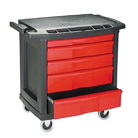 Five-Drawer Mobile Workcenter With Locking Bar, Black With Red Drawers by Rubbermaid