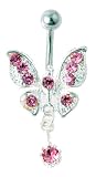 14g Surgical Steel Butterfly Belly Ring with Dangling Pink Gem