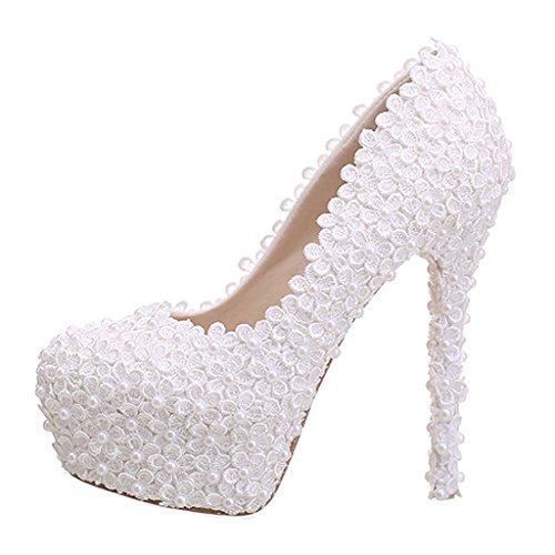 Clocolor Women S Platform High Heel Pearls Pumps White Lace Bridal