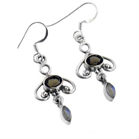 Genuine Smoky Quartz and Rainbow Moonstone Baroque Gem Sterling Silver Hook Earrings