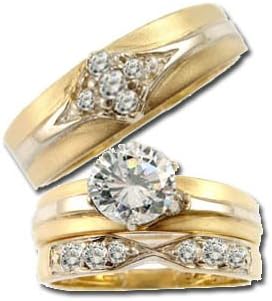 Yellow Gold Plated White Rhodium, Trio 3 Piece Set Engagement Anniversary Wedding Rings Round Center Created Gems