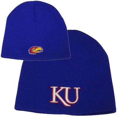 NCAA BEANIE KNIT TOQUE HAT CUFFLESS KANSAS JAYHAWKS BLU