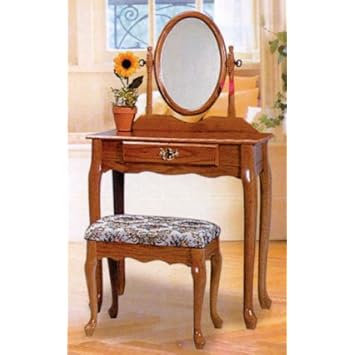CHERRY FINISH WOOD VANITY SET - TABLE WITH MIRROR AND BENCH