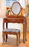 CHERRY FINISH WOOD VANITY SET - TABLE WITH MIRROR AND BENCH
