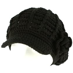Winter Hand knit Beanie Newsboy Flower Ski Hat Black