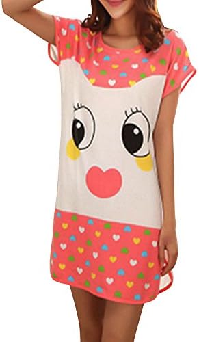 Columbustore Women's Cartoon Face Nightshirts Cotton Chemises Slip Sleepwear Rose Red 6