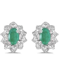 10K White Gold Oval Emerald and Diamond Earrings (.60ct tgw)