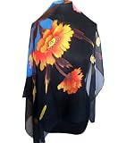 silkNOW Hand Painted Navy Blue 100% Silk Chiffon Georgette Scarf with Beautiful Multi Colored Floral Pattern