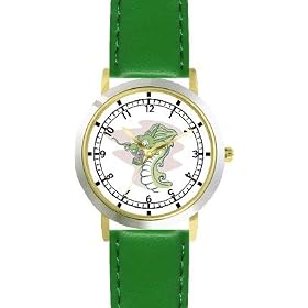 Chinese Dragon or Dinosaur Animal - WATCHBUDDY® DELUXE TWO-TONE THEME WATCH - Arabic Numbers - Green Leather Strap-Size-Large ( Men's Size or Jumbo Women's Size )