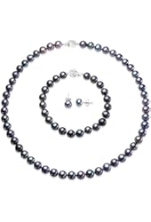 Enhanced Black Cultured Pearl Necklace Strand Silver, Bracelet & Earrings Set