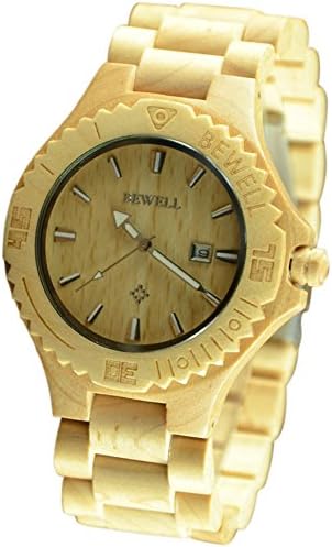 Bewell Wooden Men's Natural Maple Wood Wrist Calendar Watch Color White