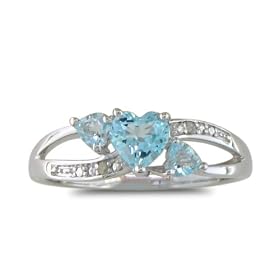 7/8ct Triple Heart Shaped Blue Topaz and Diamond Ring in Sterling Silver: Jewelry