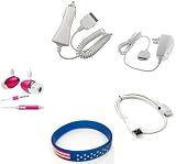 Apple iPod Touch Accessory Bundle- Metal Bullet Pink Stereo Headset Earphones + Auto Car Vehicle Charger + Home Wall Travel Charger + USB Data Cable + Free Stars Stripes Wristband