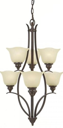 Murray Feiss F2051/3+3GBZ Morningside Three + Three Light, Two Tier Chandelier in Grecian Bronze and Cream Snow Glass