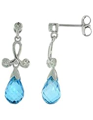 10k White Gold Loop & Blue Topaz Earrings, w/ 0.05 Carat Brilliant Cut Diamonds, 1 in. (26mm) tall