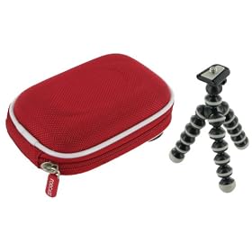 rooCASE 2n1 Nylon Hard Shell (Red) Case with Memory Foam and Premium Tripod for Flip Video Camcorder White