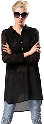 Finejo Women's Casual Long Sleeve Lapel Chiffon Thin Long Shirt