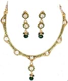 Faux Emerald Polki Necklace and Earrings Set with Cut Glass - Copper Alloy with Cut Glass