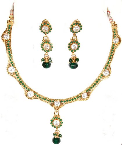 Faux Emerald Polki Necklace and Earrings Set with Cut Glass - Copper Alloy with Cut Glass