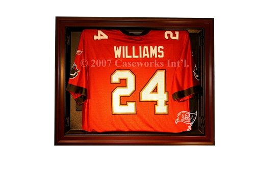 Tampa Bay Buccaneers Football Jersey Display Case with Removable Face and Mahogany Finish Frame