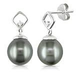 10k White Gold Black Tahitian Pearl with Diamond Accent Earrings (0.02 cttw, H-I Color, I2-I3 Clarity)