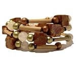 Moonstone Bracelet 02 Wrap Rainbow Blue Sheen White Stone Bamboo Wood Gold Bronze Beaded Triple Coil Adjustable