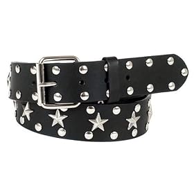 Snap On Silver Star Studded Black Leather Belt - Interchangeable buckle
