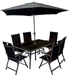 Aluminium Framed Rectangular Table With 8mm Thick Tempered Black Safety Glass Top With 6 High Back Folding Multi-Position Armchairs - With Black Padded Textaline And 1 Crank & Tilt Parasol