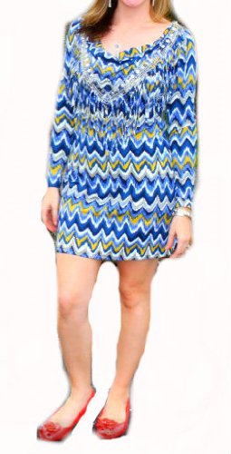 Joyous and Free Blue Zig-zag Print Tunic/dress with Fringe and Sequin Detail Around Collar (Medium)