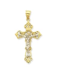 14k Two-tone Gold INRI Fleur De Lis Crucifix Pendant