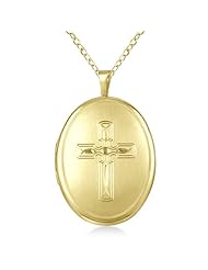 Photo Locket Style Oval Religious Style Cross Pendant Necklace For Women 14K Yellow Gold Vermeil
