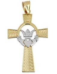 Two Tone 10K Gold Claddagh Irish Cross Pendant