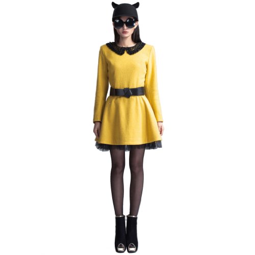 1veMoon Women's Lovely Collar Lace Hem Wools and Blends Long Sleeve Pleated Dress with Belts, Yellow,Regular Sizing 12