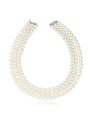 Triple Strand Pearl Necklace with Sterling Silver and Cubic Zirconia Clasp