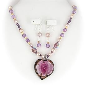 Murano Glass Violet Flower Heart Pendant Freshwater Pearl Earrings Necklace Sterling Silver 1054