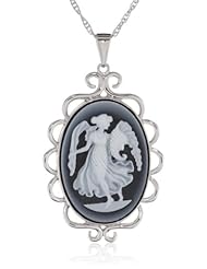 Sterling Silver Black Agate Angel Cameo Pendant Necklace , 18"