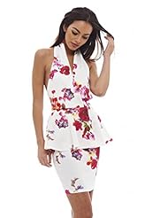 Summer Peplum Backless Halter Elastane/Polyester Floral Print Midi Dress 