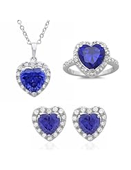 Sterling Silver Purple CZ Heart Stud Earrings, Necklace and Ring Set